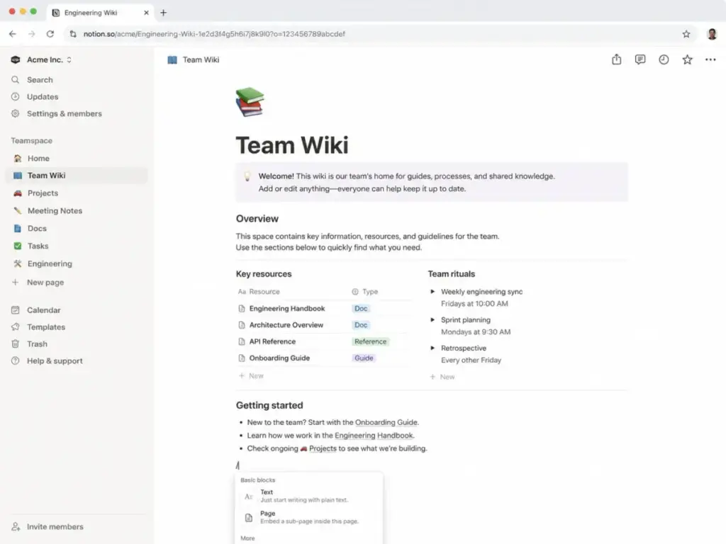 Notion block editor showing a new team wiki page with sidebar navigation, key resources, team rituals, and a slash command menu.