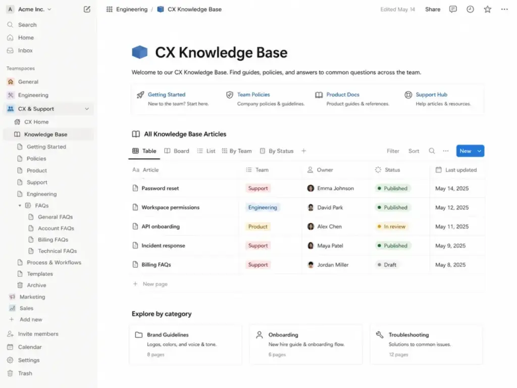 Notion knowledge base workspace showing nested pages, teamspace navigation, and database table views