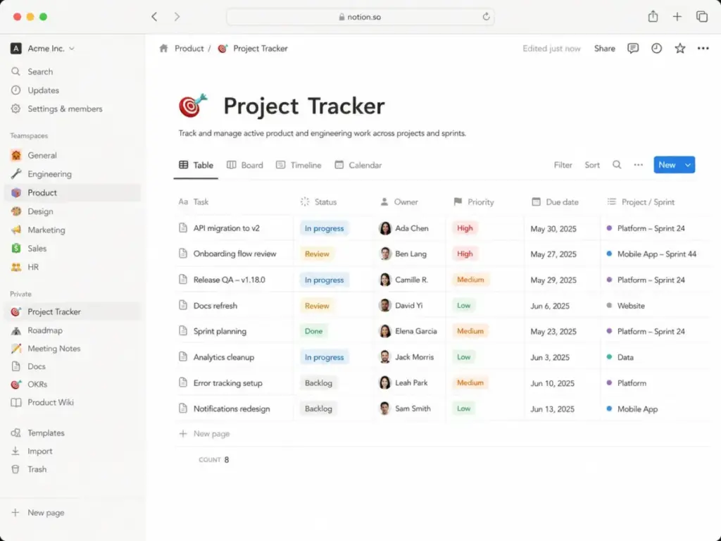 Notion project tracker database showing Table, Board, Timeline, and Calendar views with tasks, owners, status, priority, and due dates.