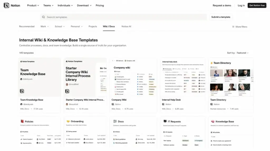 Notion templates gallery showing internal wiki, team knowledge base, company wiki, internal help desk, and team directory templates.