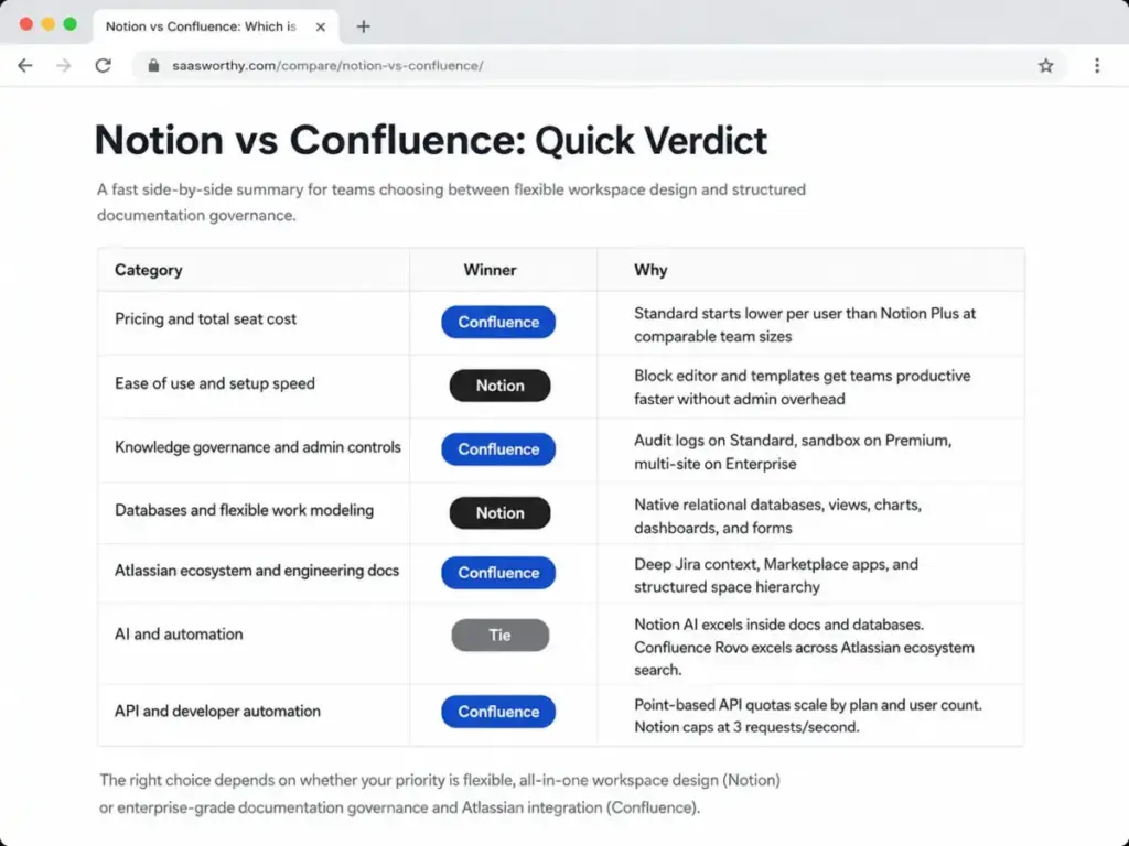 Notion vs Confluence quick verdict comparison table showing winners for pricing, setup speed, governance, databases, AI, and API automation.