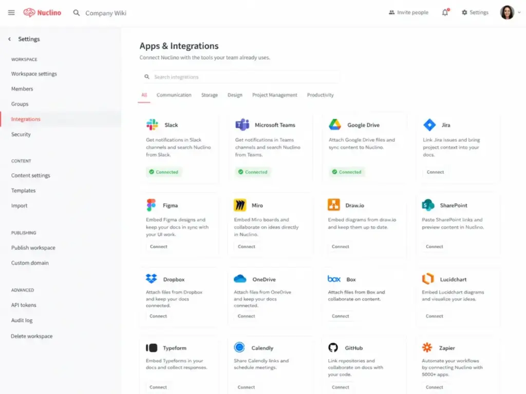 Nuclino Apps and Integrations page showing Slack, Microsoft Teams, Google Drive, Jira, Figma, Miro, Draw.io, and SharePoint integration cards.