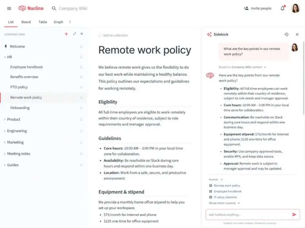 Nuclino Sidekick AI panel answering a question from Company Wiki content beside a remote work policy document.
