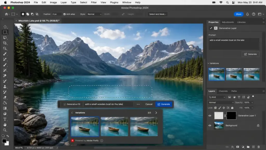 Adobe Photoshop interface showing Generative Fill powered by Adobe Firefly, with a selected area on a lake and prompt controls to add a small wooden boat.