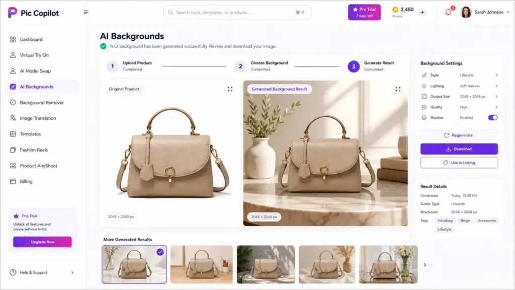 Pic Copilot AI Backgrounds screen showing a before-and-after comparison of a beige handbag, with the original product image on the left and a generated lifestyle background result on the right.