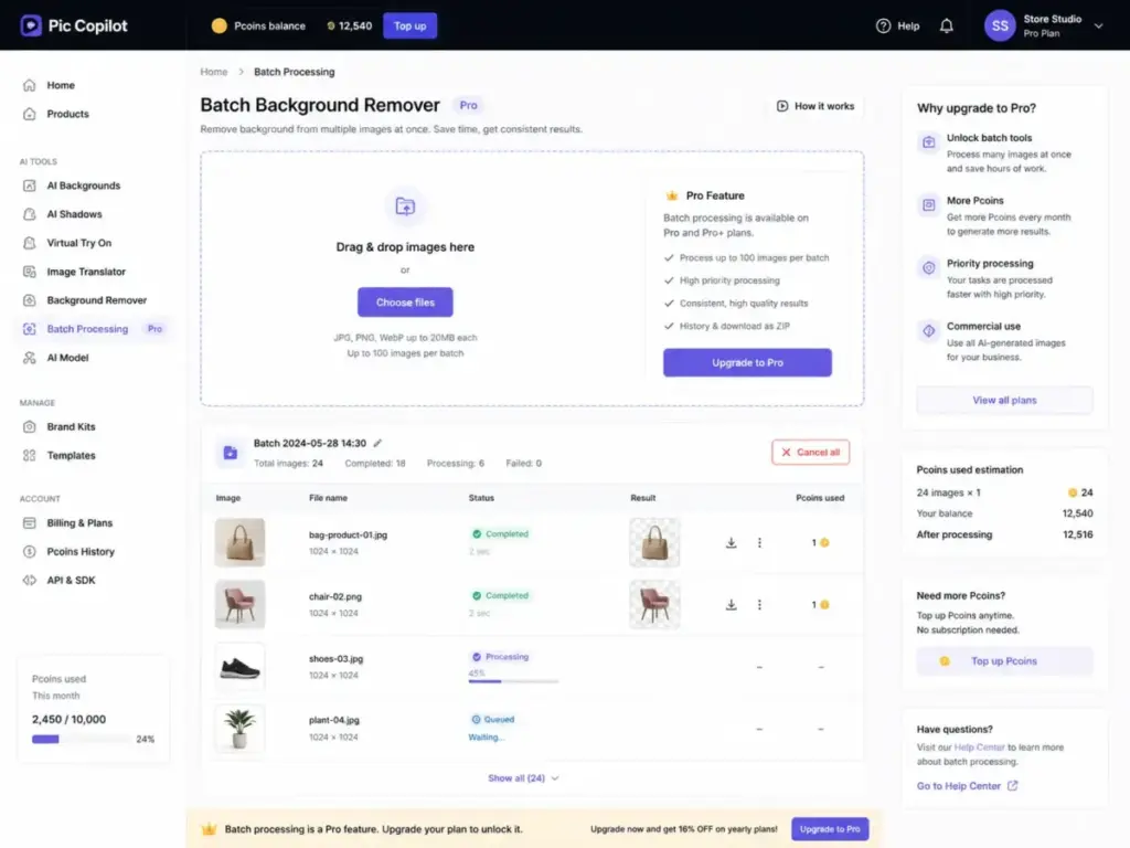 Pic Copilot Batch Background Remover screen showing a Pro feature gate for batch processing, Pcoins balance, upload area, processing queue, and upgrade prompts.