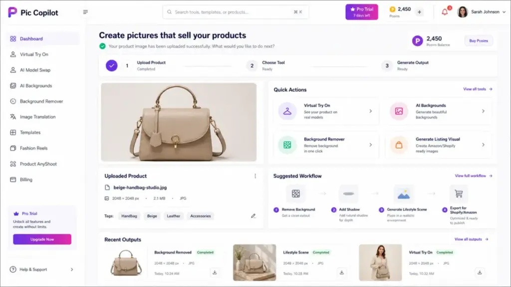 Pic Copilot dashboard showing an uploaded handbag product image with quick actions for virtual try-on, AI backgrounds, background remover, and listing visual generation.