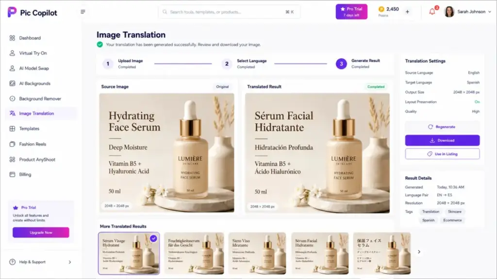 Pic Copilot Image Translation screen showing an English skincare product image beside a Spanish translated version with preserved layout and product design.