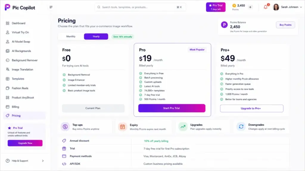 Pic Copilot pricing page showing Free, Pro, and Pro+ plans, Pcoins balance, yearly billing option, and a 16% annual discount.