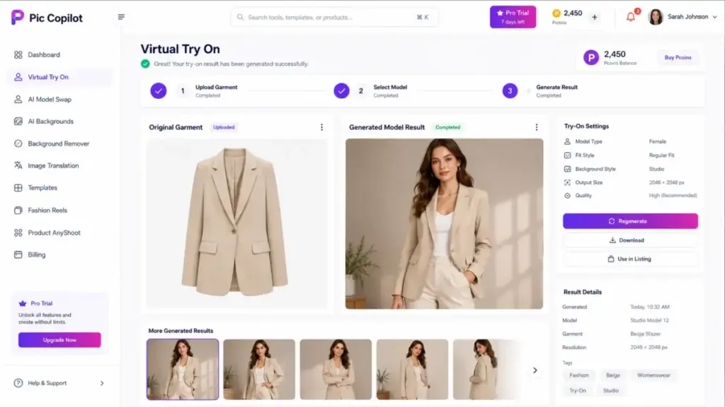 Pic Copilot Virtual Try On screen showing the original beige blazer upload beside a generated model wearing the blazer, with try-on settings and result details.
