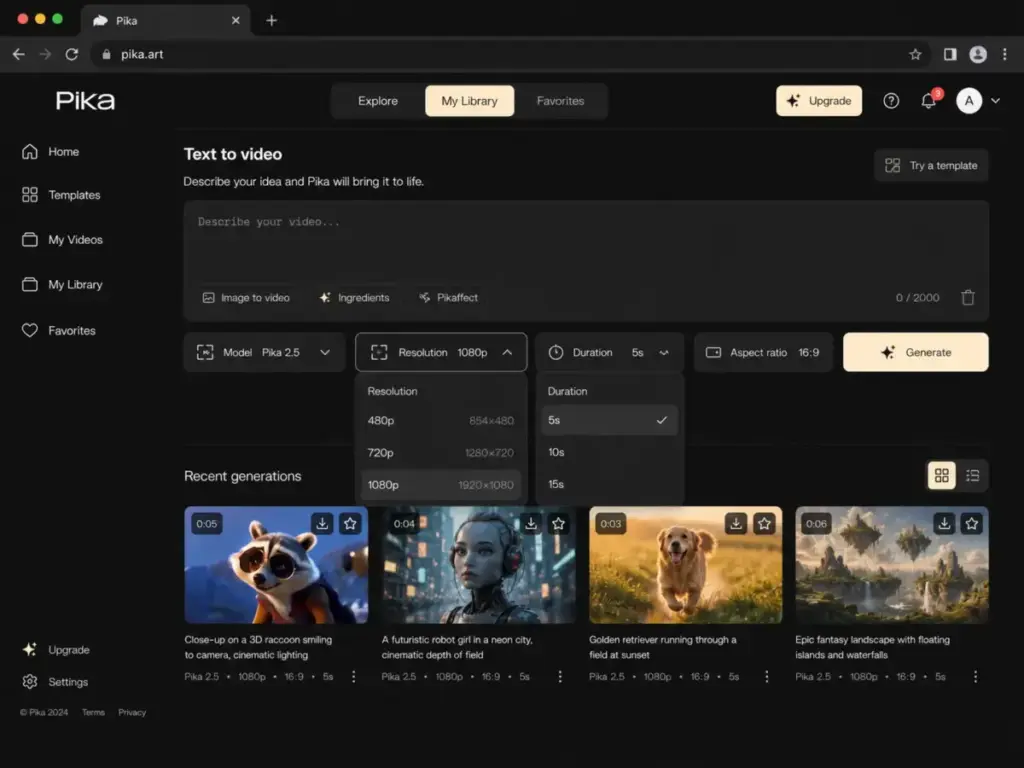 Pika 2.5 text-to-video settings showing resolution, duration, aspect ratio, and generate controls.