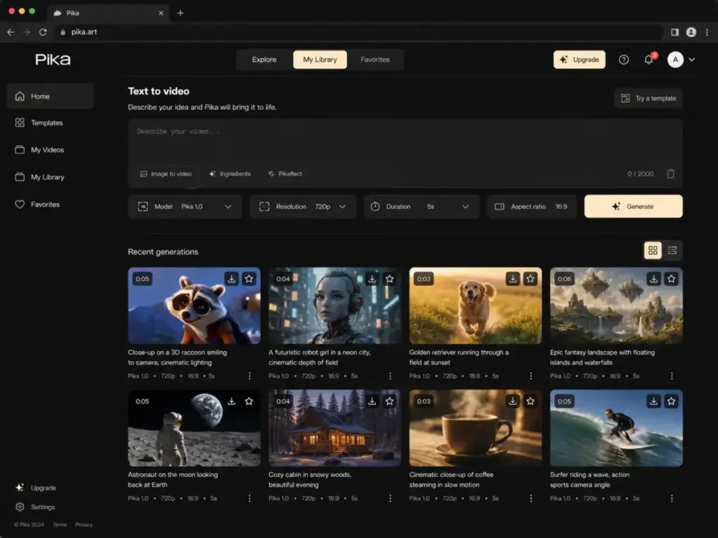 Pika dashboard showing text-to-video prompt input, generation settings, and recent AI video outputs.