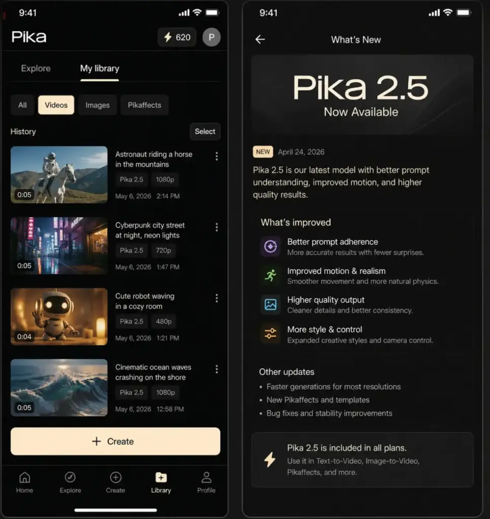 Pika mobile app screen showing Pika 2.5 release note and recent video generation history.