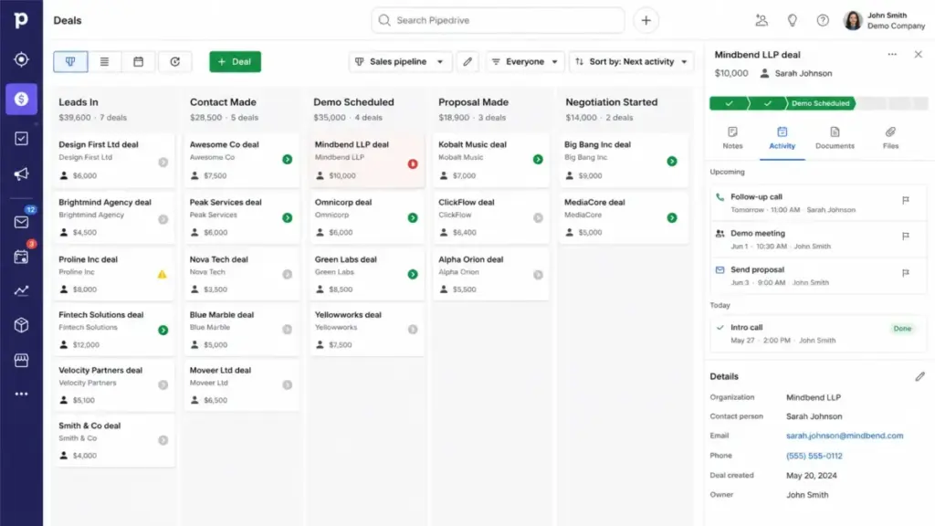 Pipedrive Lite plan visual sales pipeline with deal cards and activity management panel