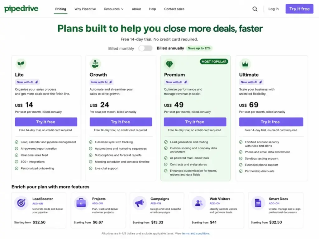 Pipedrive pricing page showing Lite, Growth, Premium, Ultimate plans and add-ons.