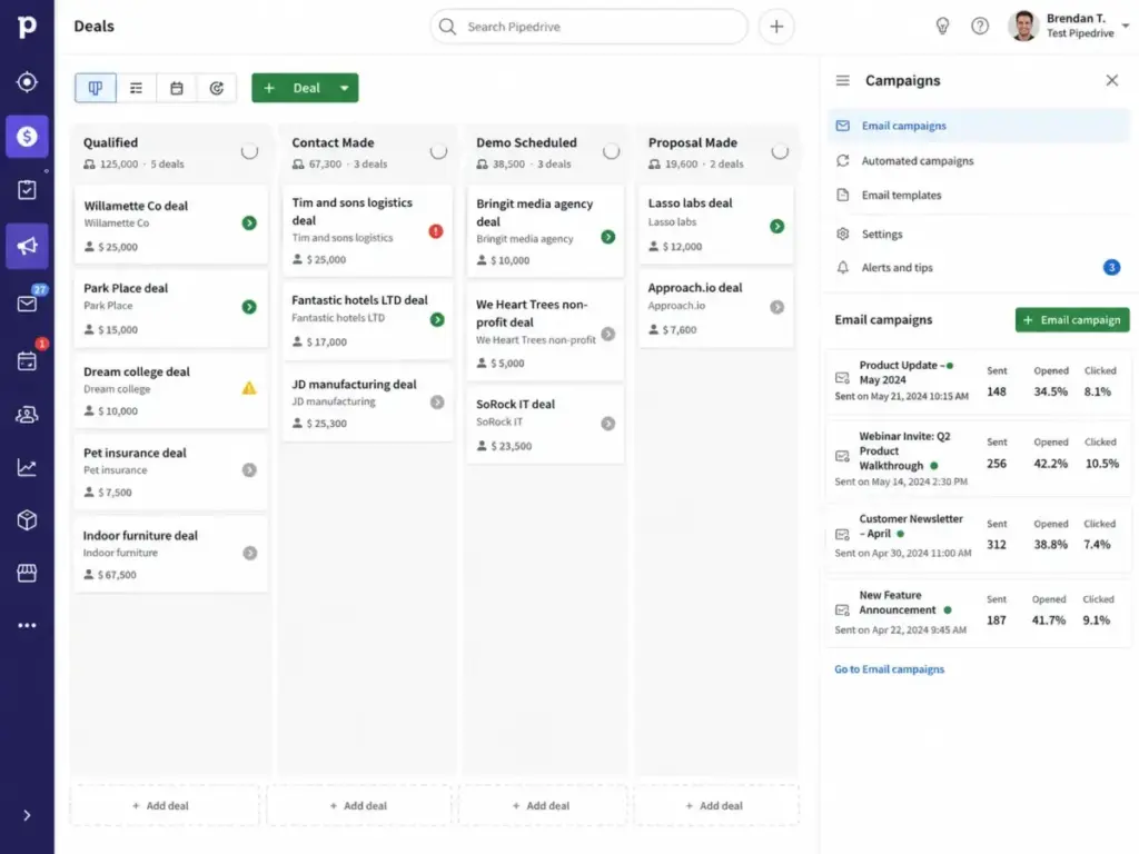 Pipedrive deals pipeline showing sales stages alongside the Campaigns email marketing add-on panel.