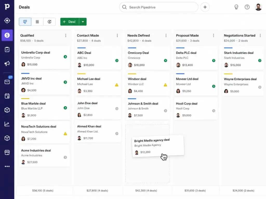 Pipedrive visual sales pipeline board showing deal stages, deal cards, column totals, and a drag-and-drop deal movement.