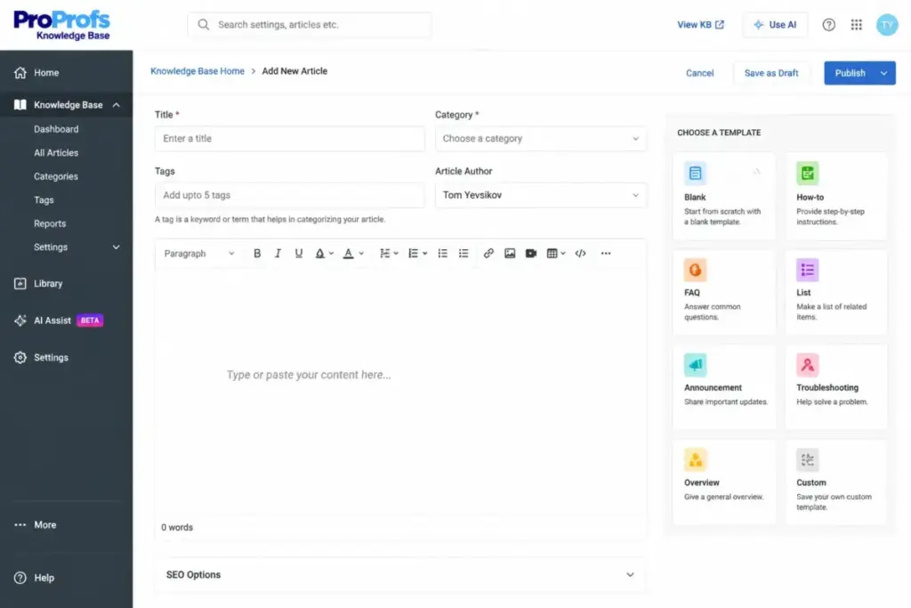 ProProfs Knowledge Base article editor showing template options, formatting toolbar, article content, and publishing controls