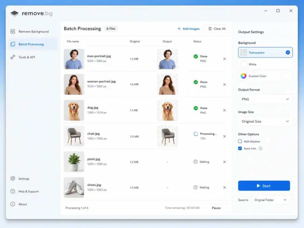 Remove.bg desktop app showing a batch processing workflow with multiple images, transparent background outputs, status indicators, and export settings.