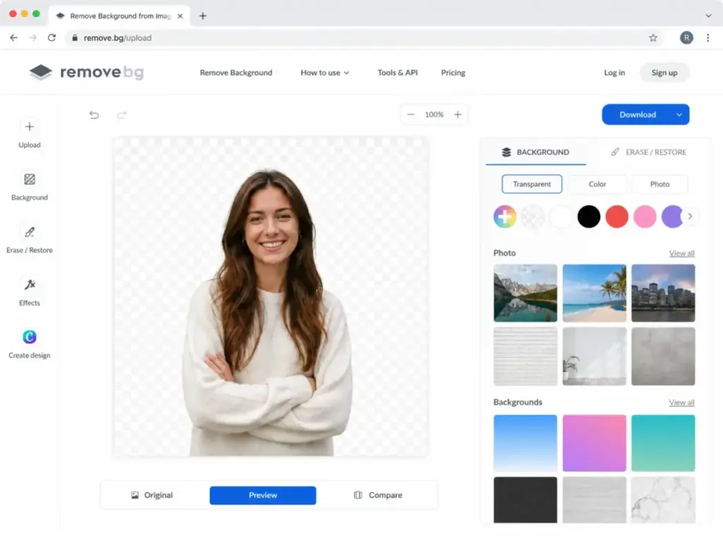 Remove.bg editor showing a transparent PNG preview with background replacement options, color swatches, and photo background presets.