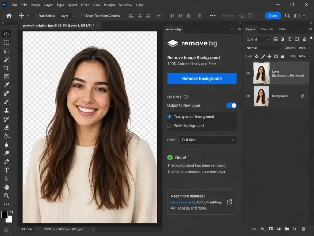 Remove.bg Photoshop extension workflow showing a portrait with the background removed and inserted as a new transparent layer.