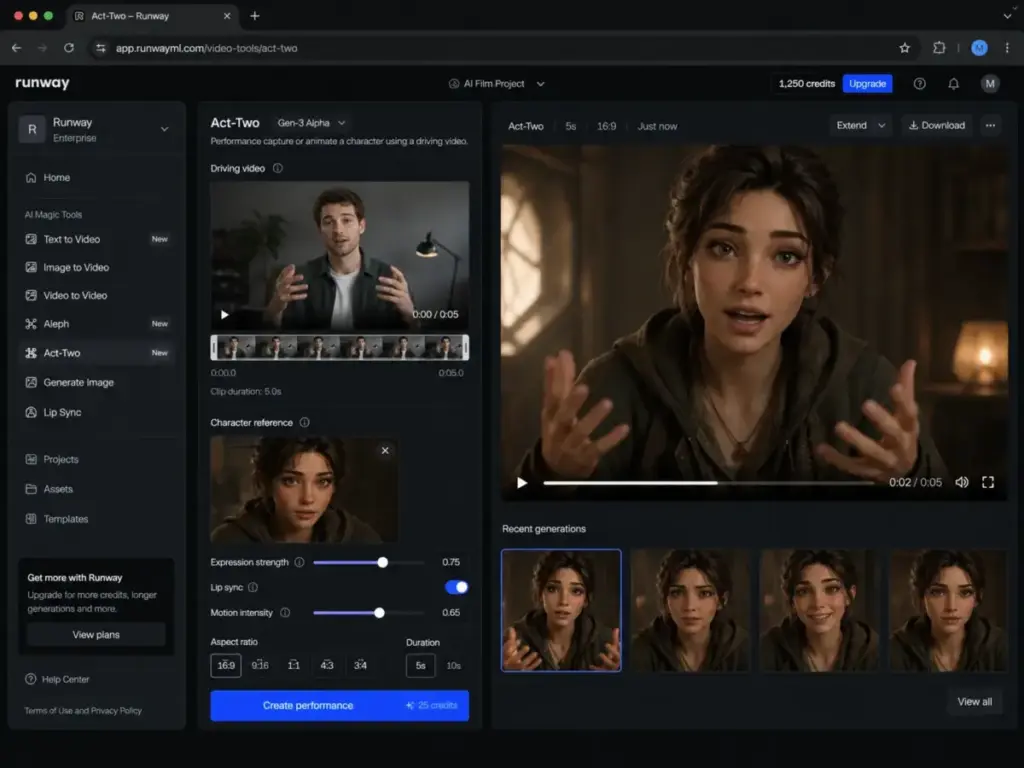 Runway Act-Two performance capture setup showing a driving video, character reference and generated animated performance preview