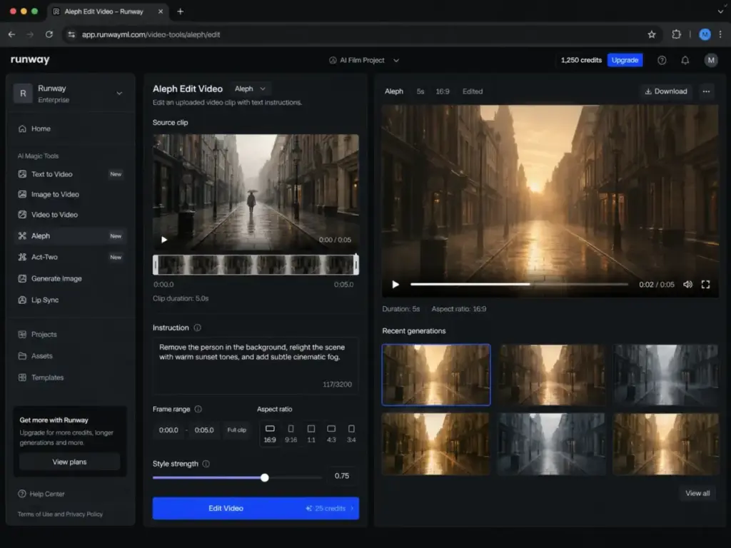 Runway Aleph Edit Video app showing an uploaded clip, text prompt instructions and edited video preview