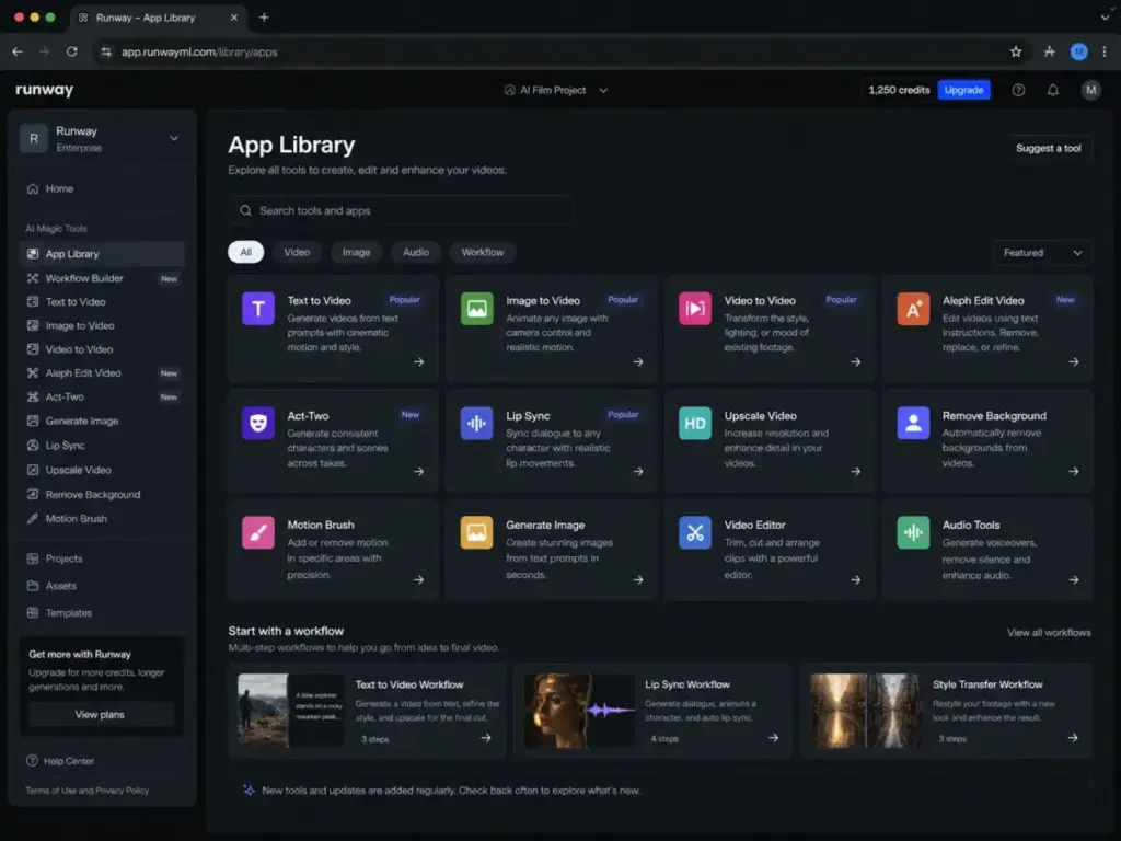 Runway app library showing available video tools and workflow builder options