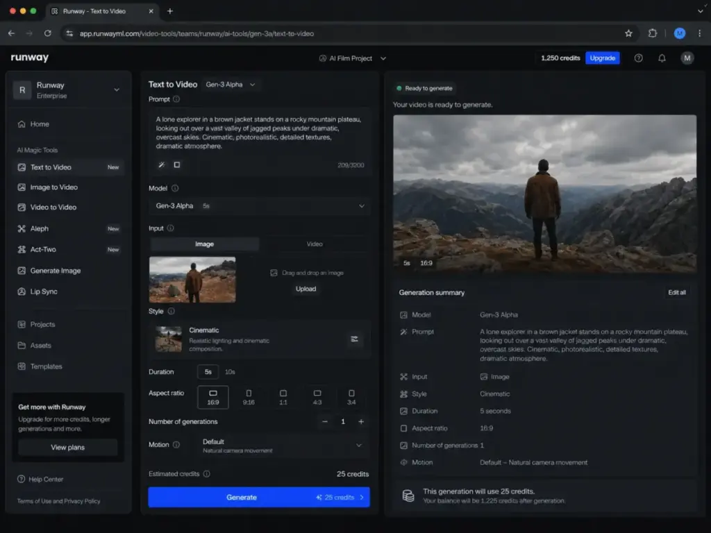 Runway interface showing credit balance and video generation settings before rendering