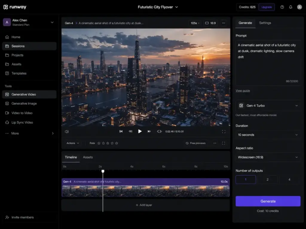 Runway generative video dashboard showing Gen-4 model selection, credit balance, text-to-video prompt controls, video preview, and timeline workspace.