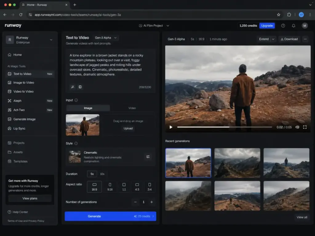 RunwayML dashboard showing AI video generation apps and prompt canvas