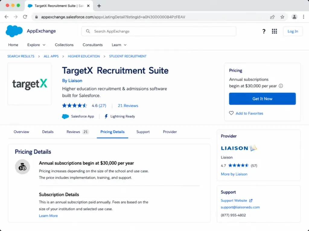 Salesforce AppExchange TargetX Recruitment Suite listing showing annual subscription pricing starting at $30,000 per year