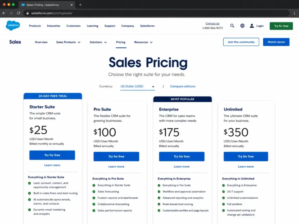 Salesforce Sales Pricing page showing Starter Suite at $25 per user per month with 30-day free trial.