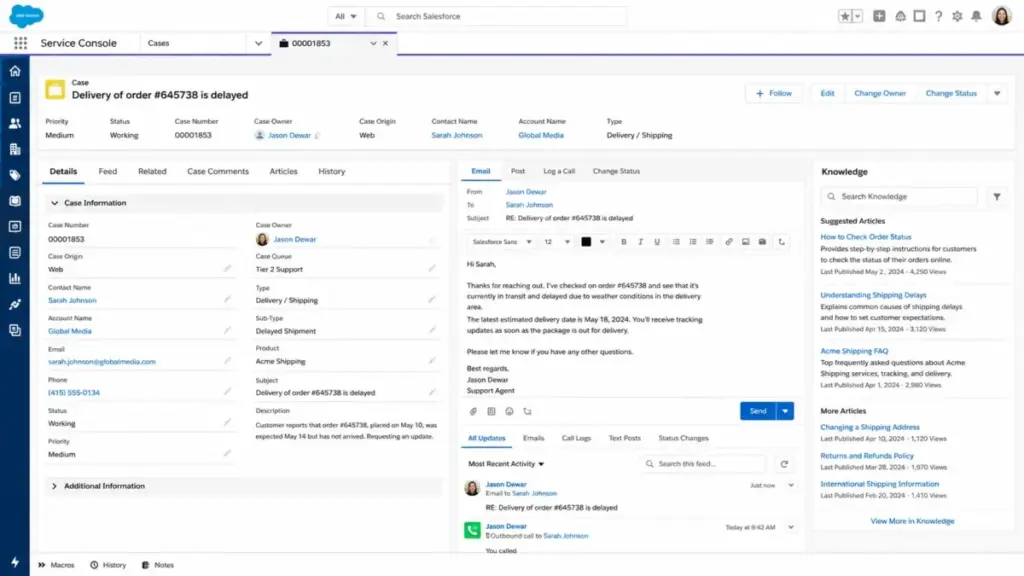 Salesforce Service Cloud Enterprise console showing a customer case, case details, email response composer, activity feed, and knowledge article panel.