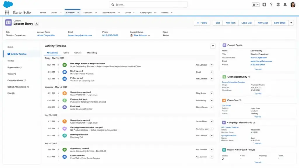 Salesforce Starter Suite customer timeline showing sales, service, and marketing activity in one contact record