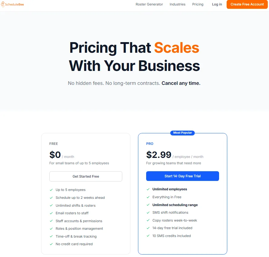 ScheduleBee pricing page showing Free and Pro plans for employee roster scheduling software