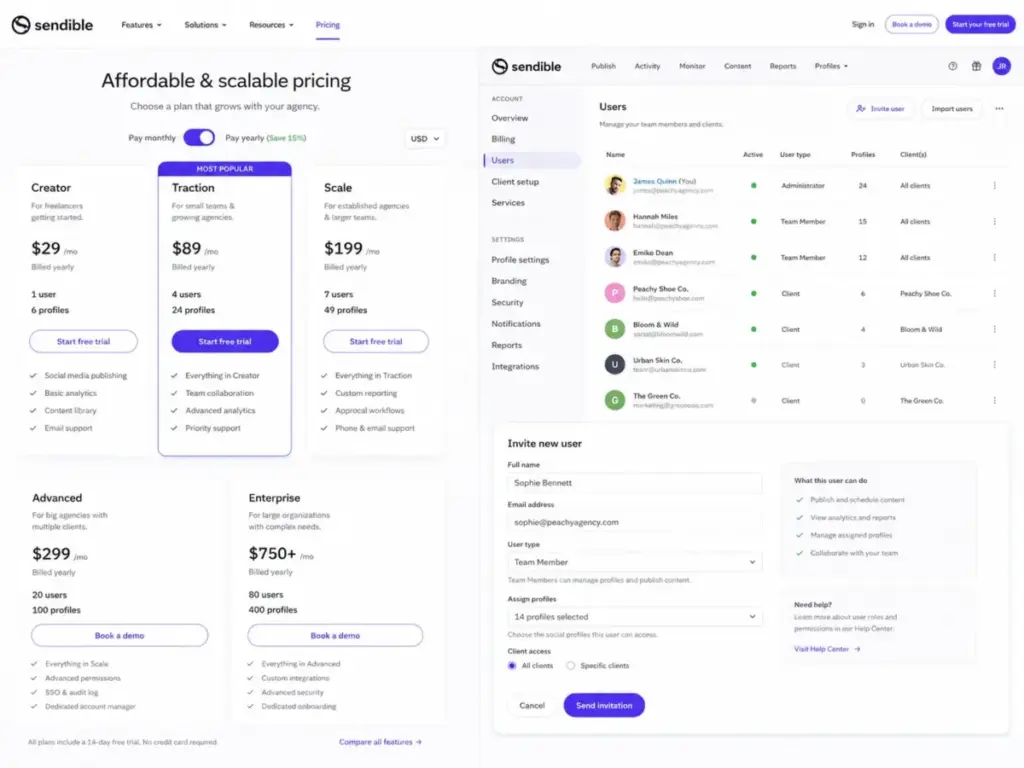 Sendible pricing and client workspace setup screen showing plan tiers, users, profiles, client access, and invite user settings.
