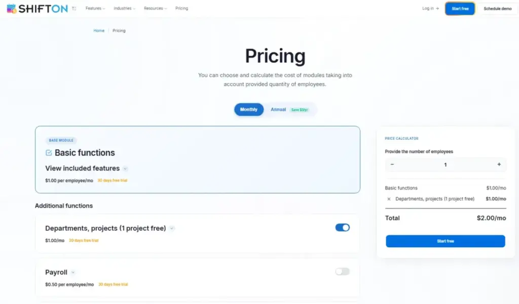 Shifton pricing page showing module-based pricing calculator for employee scheduling software