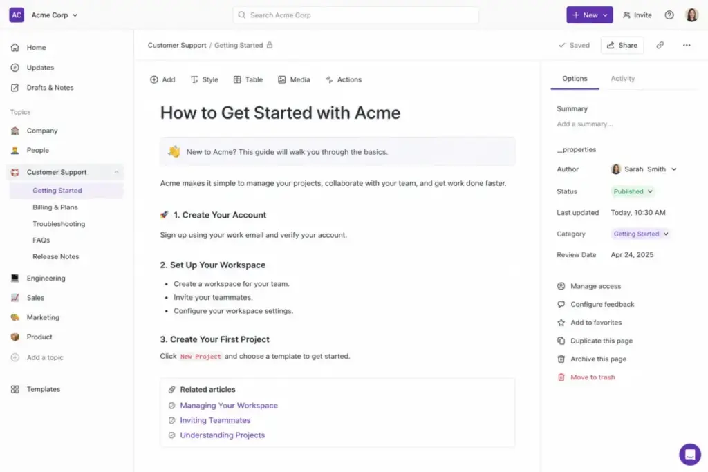 Slab editor showing a clean article layout with navigation sidebar, nested topics, and collaboration controls