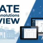 Slate by Technolutions Review cover image with higher education CRM dashboard, university illustration, and SaaSZap branding.