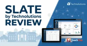 Slate by Technolutions Review cover image with higher education CRM dashboard, university illustration, and SaaSZap branding.
