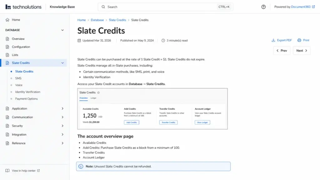 Technolutions Slate Credits Knowledge Base page showing 1 Slate Credit equals $1, covered services, 100-credit minimum purchase, and no refund policy.