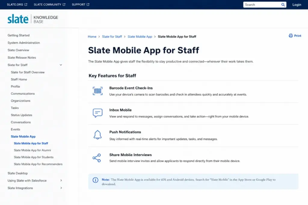 Slate Mobile App Knowledge Base page showing staff features including barcode event check-ins, Inbox Mobile, push notifications, and Share mobile interviews.