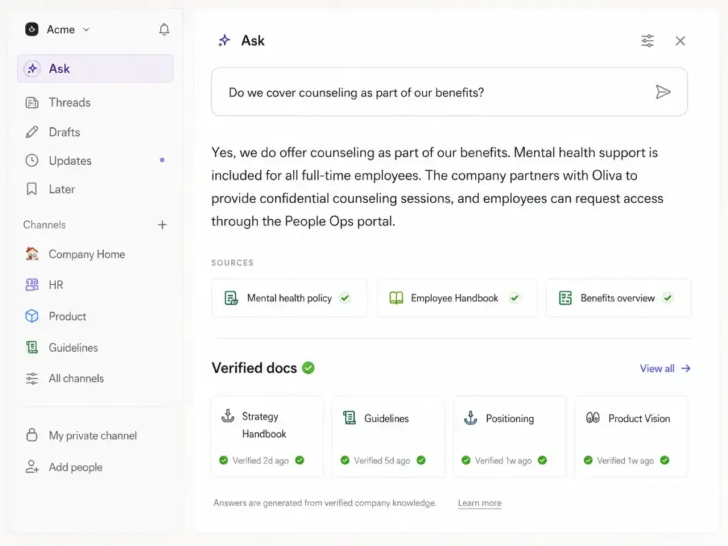 Slite Ask AI answer panel showing verified source documents and internal knowledge results