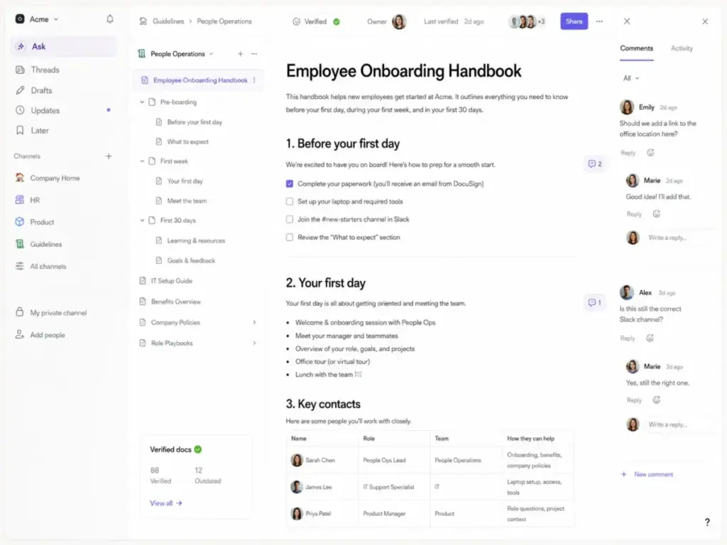 Slite document editor workspace showing channel structure, document hierarchy, comments, and verification status