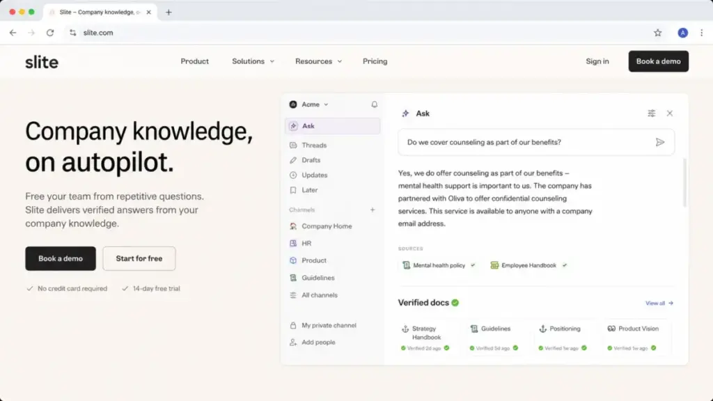 Slite homepage showing Ask AI, verified documentation, and company knowledge base positioning