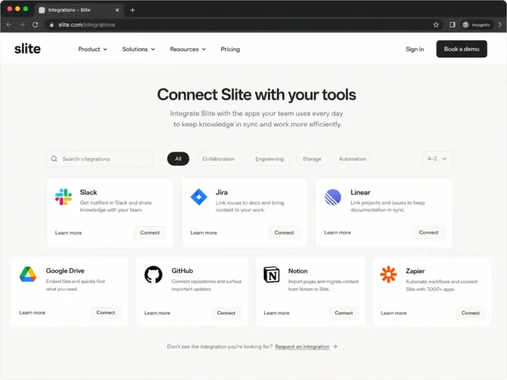 Slite integrations page showing Slack, Jira, Linear, Google Drive, GitHub, Notion, and Zapier integration cards