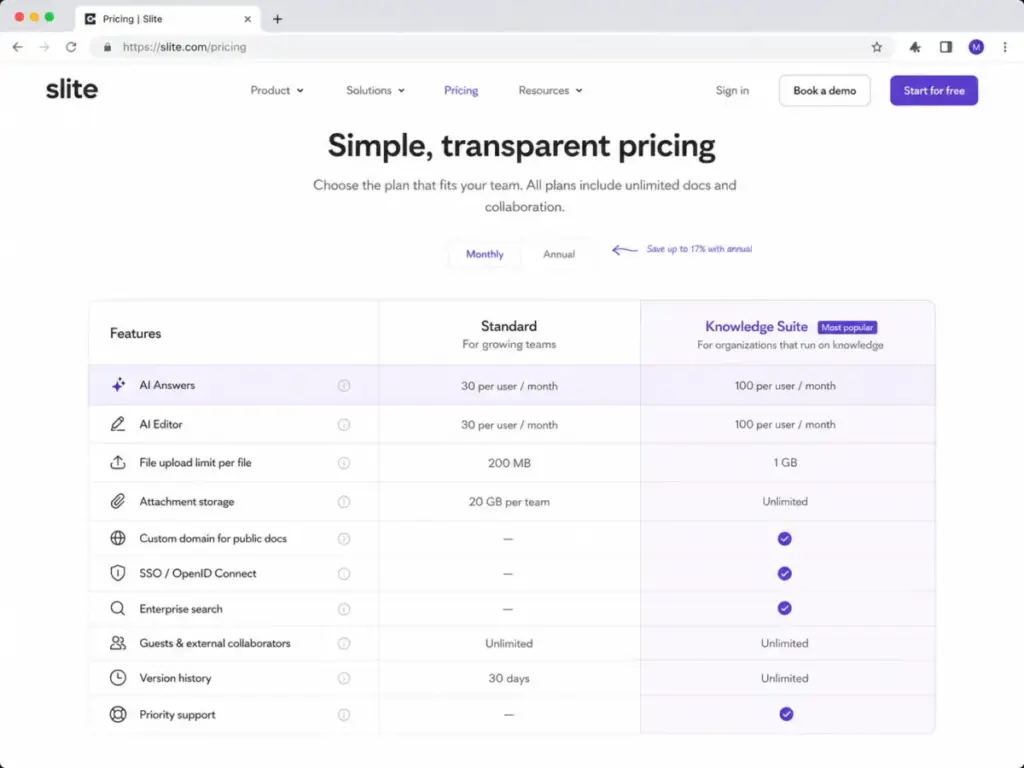 Slite pricing comparison table showing 30 AI Answers on Standard and 100 AI Answers on Knowledge Suite