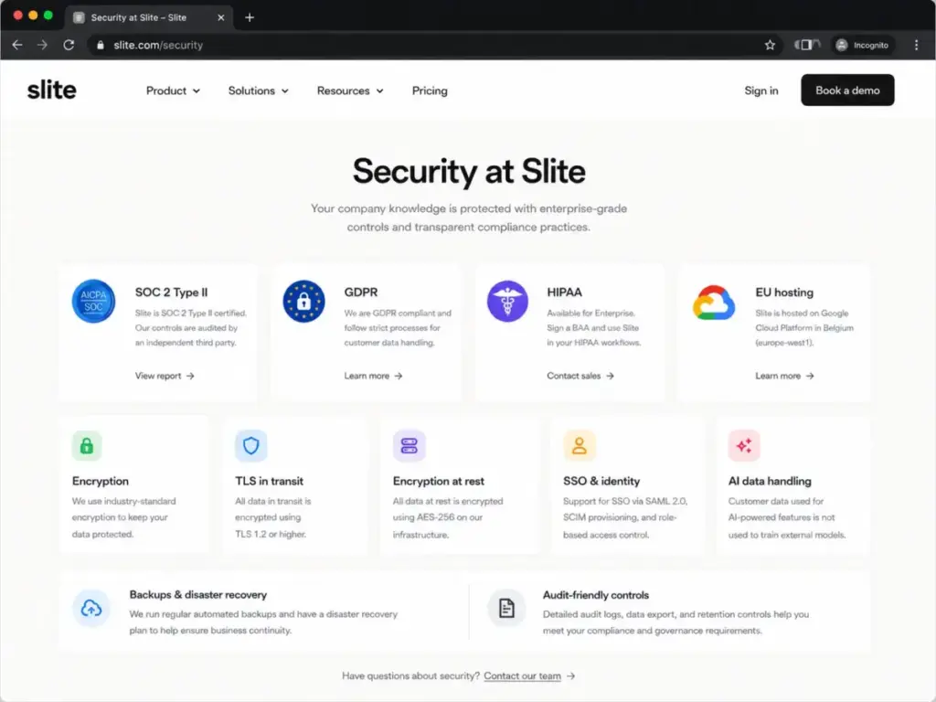 Slite security page showing SOC 2 Type II, GDPR, HIPAA Enterprise support, and EU Google Cloud hosting
