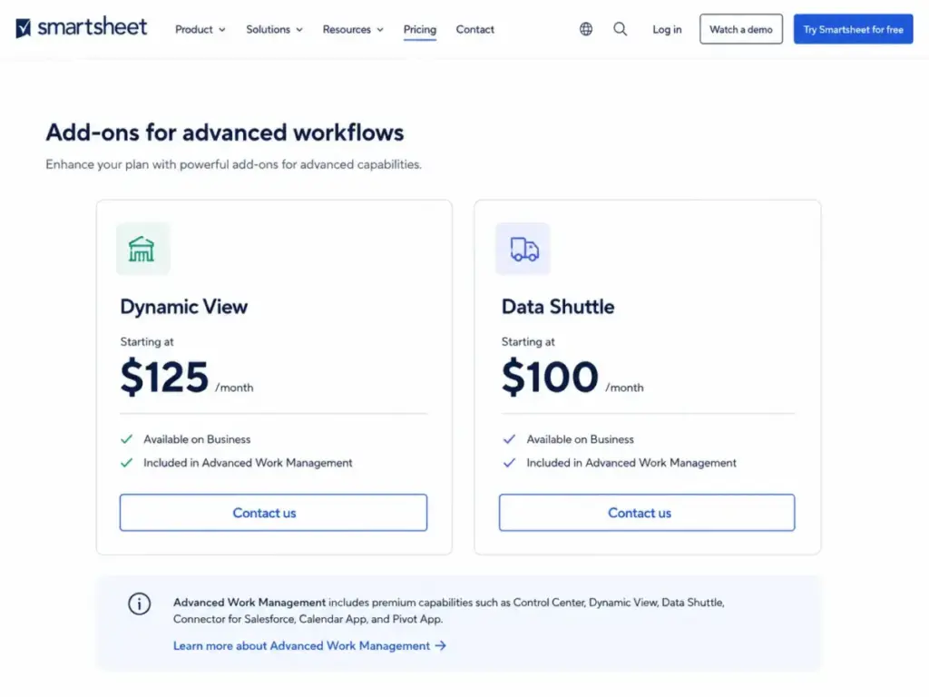Smartsheet pricing add-ons page showing Dynamic View starting at $125 per month and Data Shuttle starting at $100 per month